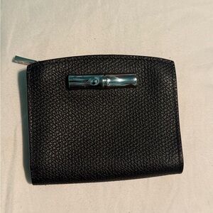 Longchamp Roseau Black Textured Wallet with Silver Detail mini size